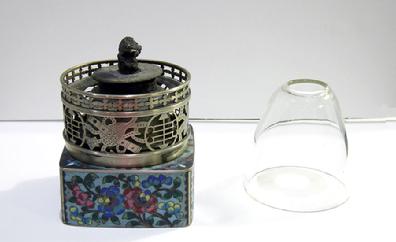 Fine Antique Chinese Floral Cloisonne and Paktong Opium Lamp - Qing- View of Lamp and Chimney