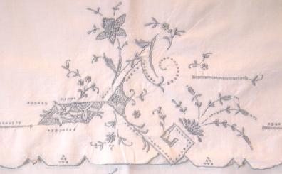 Pair of Antique Cotton Embroidered Trousseau Pillowcases Closeup2