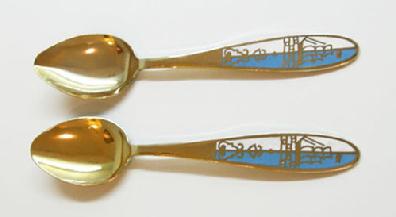Vintage Pair of Russian Gilt Silver Enamel Spoons -Blue and White with Tall Ships - Alternate View