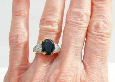 Vintage 14K Yellow Gold Sapphire/Diamond Ring - Estate - Closeup View on Finger