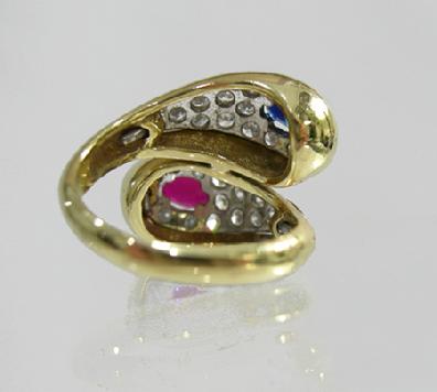 18K Yellow Gold Sapphire/Ruby/Diamond Bypass Ring - Reverse View