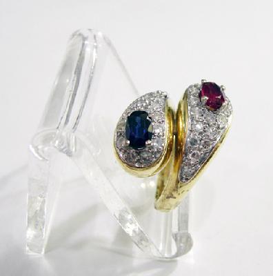 18K Yellow Gold Sapphire/Ruby/Diamond Bypass Ring - Side View