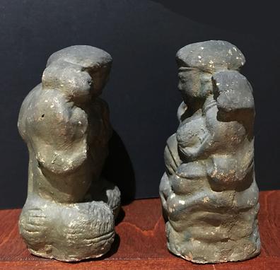 Antique Japanese Clay/Ceramic Figures of Ebisu and Daikoku, the Japanese Gods of Wealth and Good Furtune - Side View