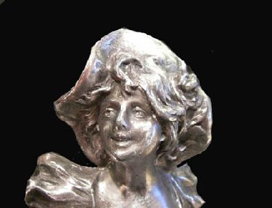 Antique Silverplate Bust of a Woman on Cream Columnar Base - Closeup View