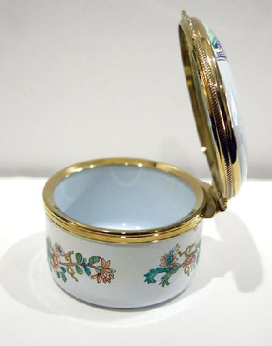 Vintage Staffordshire Enamel Asian Inspired Floral Trinket Box - Original Box and Documentation - View of the Left Side