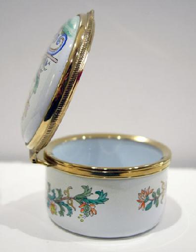 Vintage Staffordshire Enamel Asian Inspired Floral Trinket Box - Original Box and Documentation - View of the Right Side