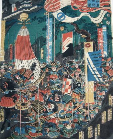 Antique Japanese Woodblock Print Diptych- Toyokuni III/Utagawa Kunisada - 1852 - Battle Scene - Right Panel