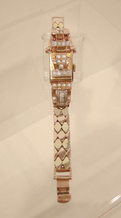 Ladies 14K Two-Color Gold Pearl and Diamond Covered Cocktail Watch - Top View