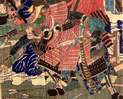 Japanese Woodblock Print 1859 Utagawa Yoshikazu Battle in the Rain Closeup