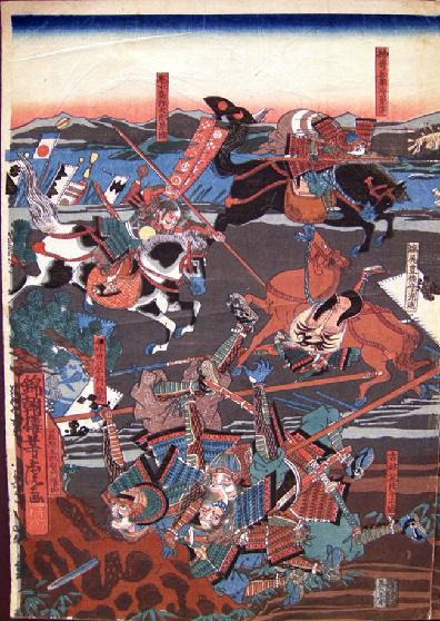 Japanese Woodblock Print Musha-e Diptych - Yoshitora-1850- Left Panel