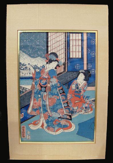 Antique Japanese Woodblock Print - Yoshitora-1962- Setsugekka no uchi (Snow, Moon and Flowers) - View with Mat