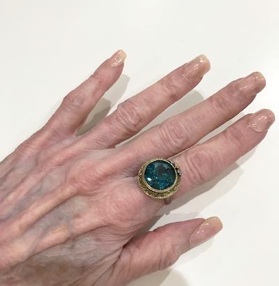 Antique Art Nouveau 14K Three Color Gold and Blue Topaz Ring - ESTATE - Wearable View