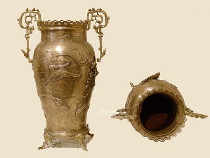Pair of French Bronze-Mounted Japanese Brass Vases with Interior View