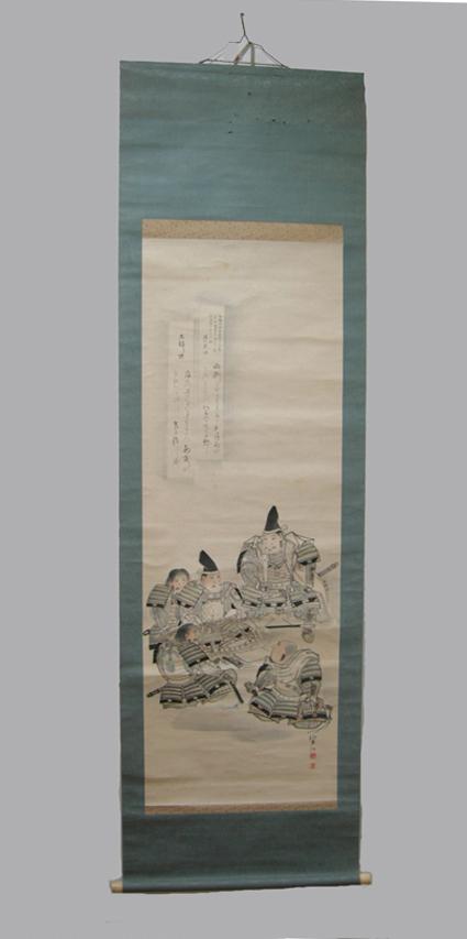 Old Japanese Musha-e (Warrior) Scroll - 5 Samurai- Hand-Drawn
