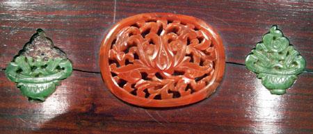 Old Chinese Wood Box Inlaid with Carnelian Agate and Spinach Jade - Closeup View of Carvings