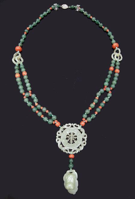 Long Chinese Carved Jade and Coral Necklace with Disc and Cat on a Leaf Carving