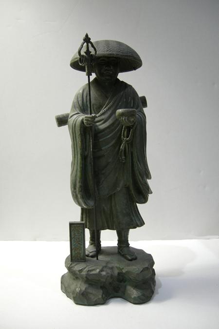 Fine Vintage Japanese Metal Kobodaishi Kukai Statue - Showa Period - Signed