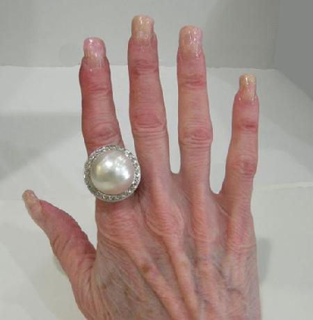 Large 14K WG Mabe Pearl and Diamond Ring-20mm - Estate- 1950's