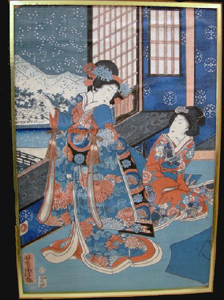 Antique Japanese Woodblock Print - Yoshitora-1962- Setsugekka no uchi (Snow, Moon and Flowers)