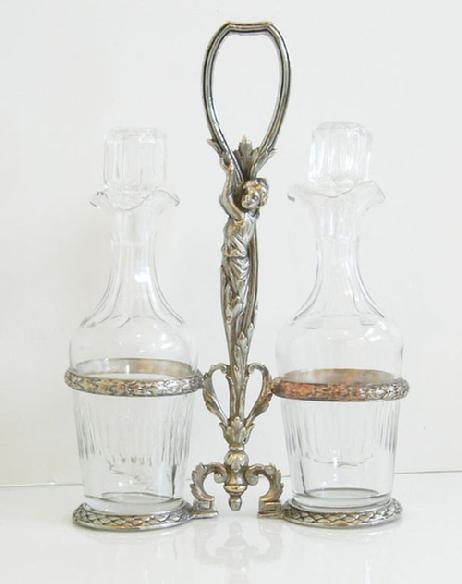 French Art Nouveau Figural Silverplated Cruet Set with Hand-Blown Matching Bottles