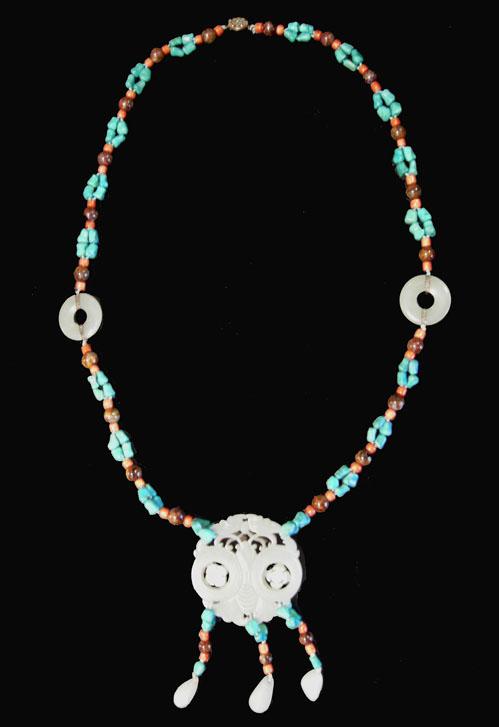 Turquoise, Coral and Agate Necklace with Carved Double Jade Prayer Wheel