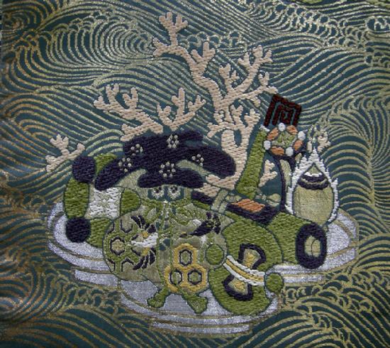 Fine Antique Green and Gold Metallic Silk Maru Obi -Meiji/Taisho