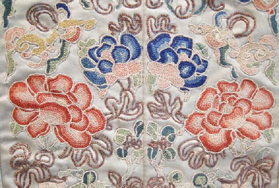 Pair of Antiques Chinese Silk Embroidered Sleevebands with Peking Stitch - Floral - Closeup View