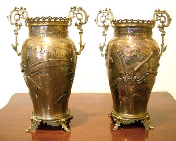 Pair of French Bronze-Mounted Japanese Brass Vases