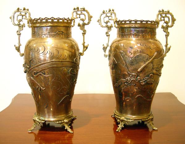 Important Pr. Japanese Moulded Brass Vases with French Ormolu/Bronze Mounts - 1800
