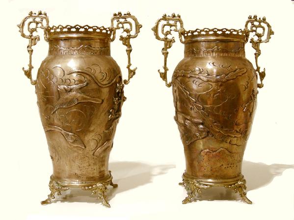 Pair of French Bronze-Mounted Japanese Brass Vases - Reverse View