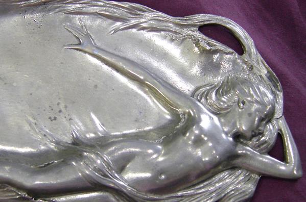 Art Nouveau Pewter Calling Card or JewelryTray with Reclining Nude- Closeup View