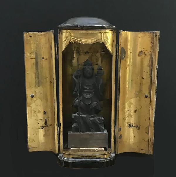 Antique Japanese Black Laquered and Gilt Wood Lacquered Zushi (Shrine) With Bishomon Wood Figure l