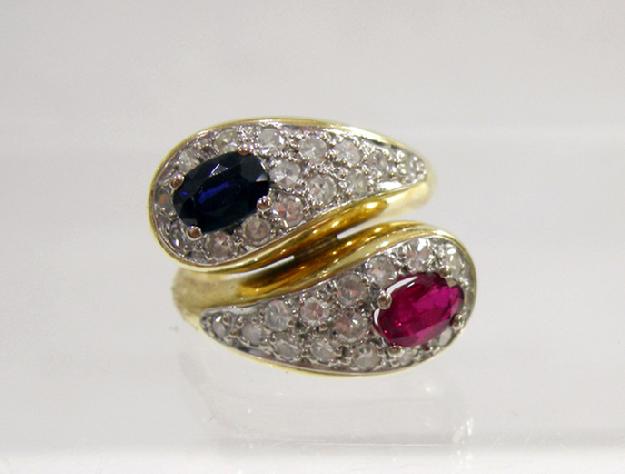 18K Yellow Gold Sapphire/Ruby/Diamond Bypass Ring