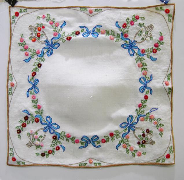 Antique Hand-Embroidered Linen Topper - 1930's