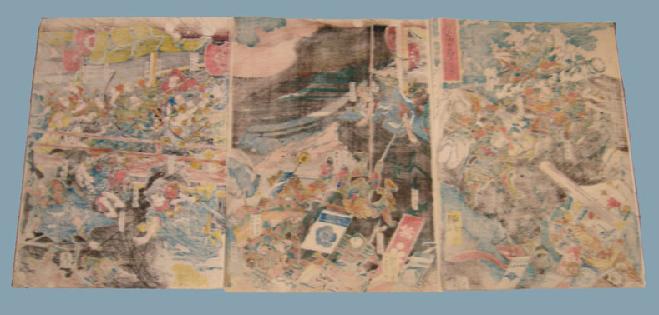 19th c. Japanese Woodblock Battle Triptych Kuniyoshi - Reverse