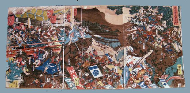19th c. Japanese Woodblock Print Kuniyoshi Battle Triptych