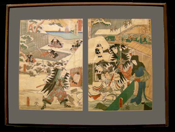 Japanese Woodblock Print Dyptych - Kunisada/Toyokuni III Chushingura (47 Ronin) - Act XI