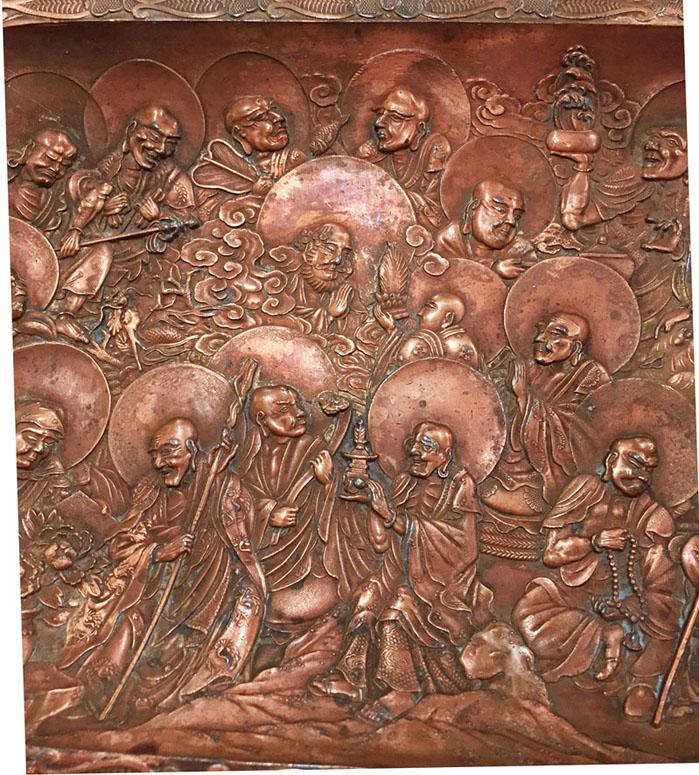 Antique Japanese Copper Over Metal Tray With Arhats - Closeup View 3