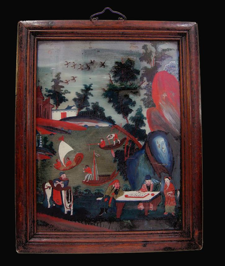 Antique Chinese Reverse Painting on Glass in Original Rosewood Frame/Hanger -1880-1900