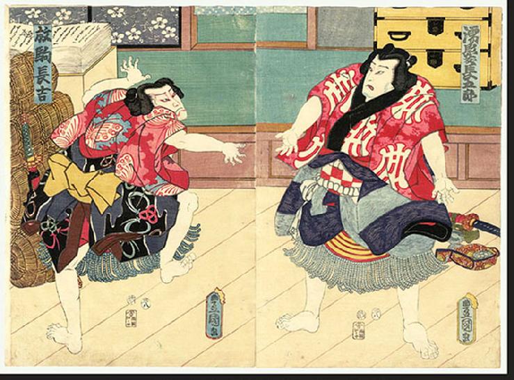 Antique Japanese Woodblock Print Diptych - Toyokuni III - 1857 - SUMO