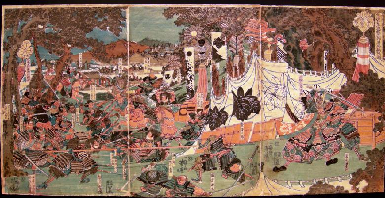 19th c. Japanese Musha-e (Warrior Print) Woodblock Print Triptych by Yoshitora