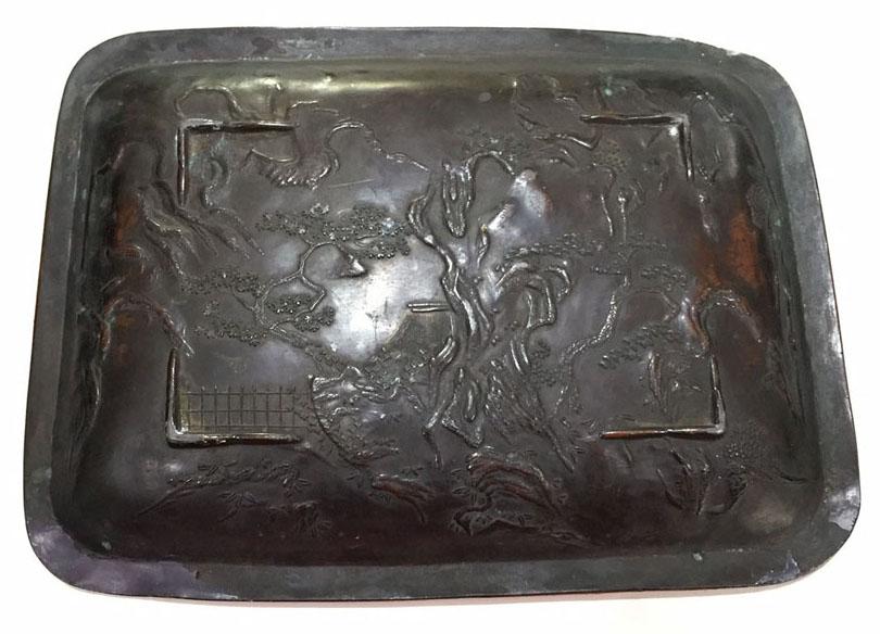 Antique Japanese Copper Over Metal Tray With Arhats - Reverse View
