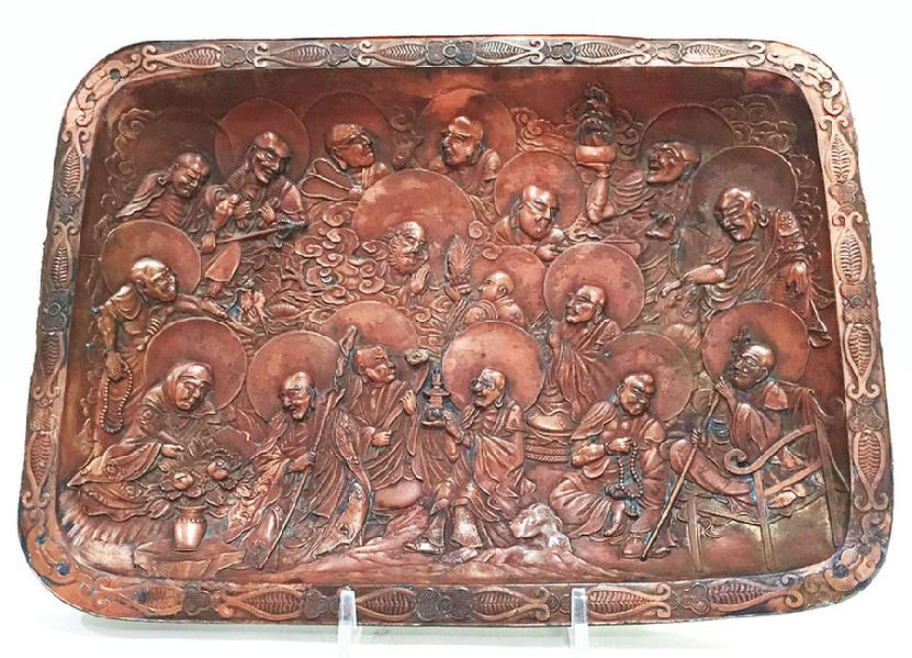 Antique Japanese Copper Over Metal Tray With Arhats