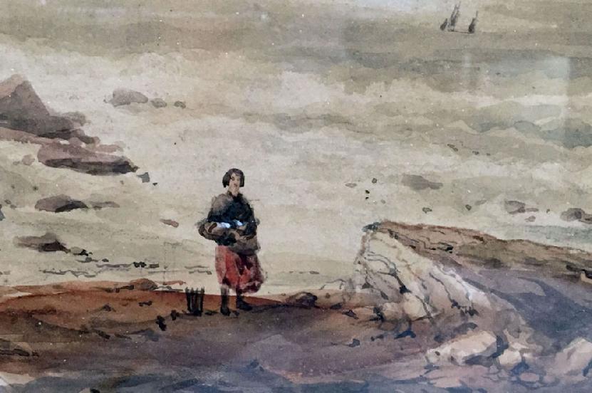 Antique Watercolour Painting of a Coastal Scene by George Robert Vawser - c. 1830's-40's in Original Decorative Gilt Frame - Closeup View 2