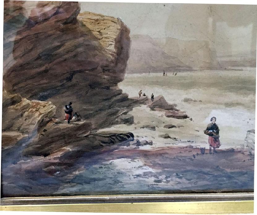 Antique Watercolour Painting of a Coastal Scene by George Robert Vawser - c. 1830's-40's in Original Decorative Gilt Frame - Closeup View
